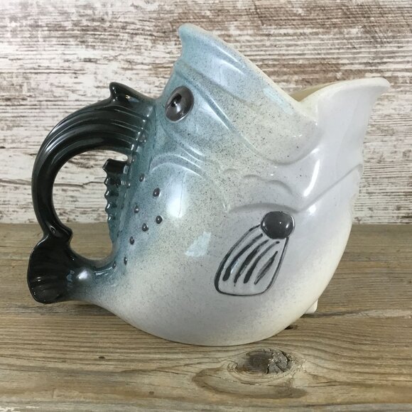 Fish-Shaped Ceramic Pitcher Blue & White Decorative Vintage California Pottery - Picture 1 of 7